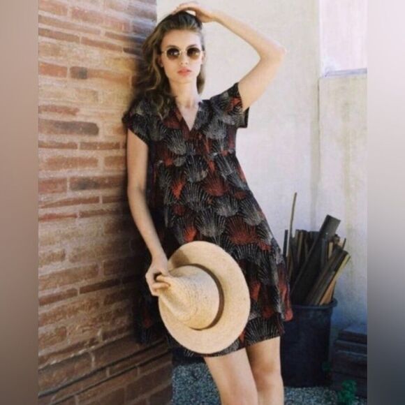 Anthropologie Maeve Tania Tiered Dress Short Sleeve Fall Colors Medium - Picture 3 of 11